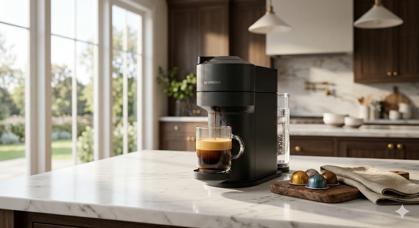 Nespresso Vertuo machine in a bright modern kitchen